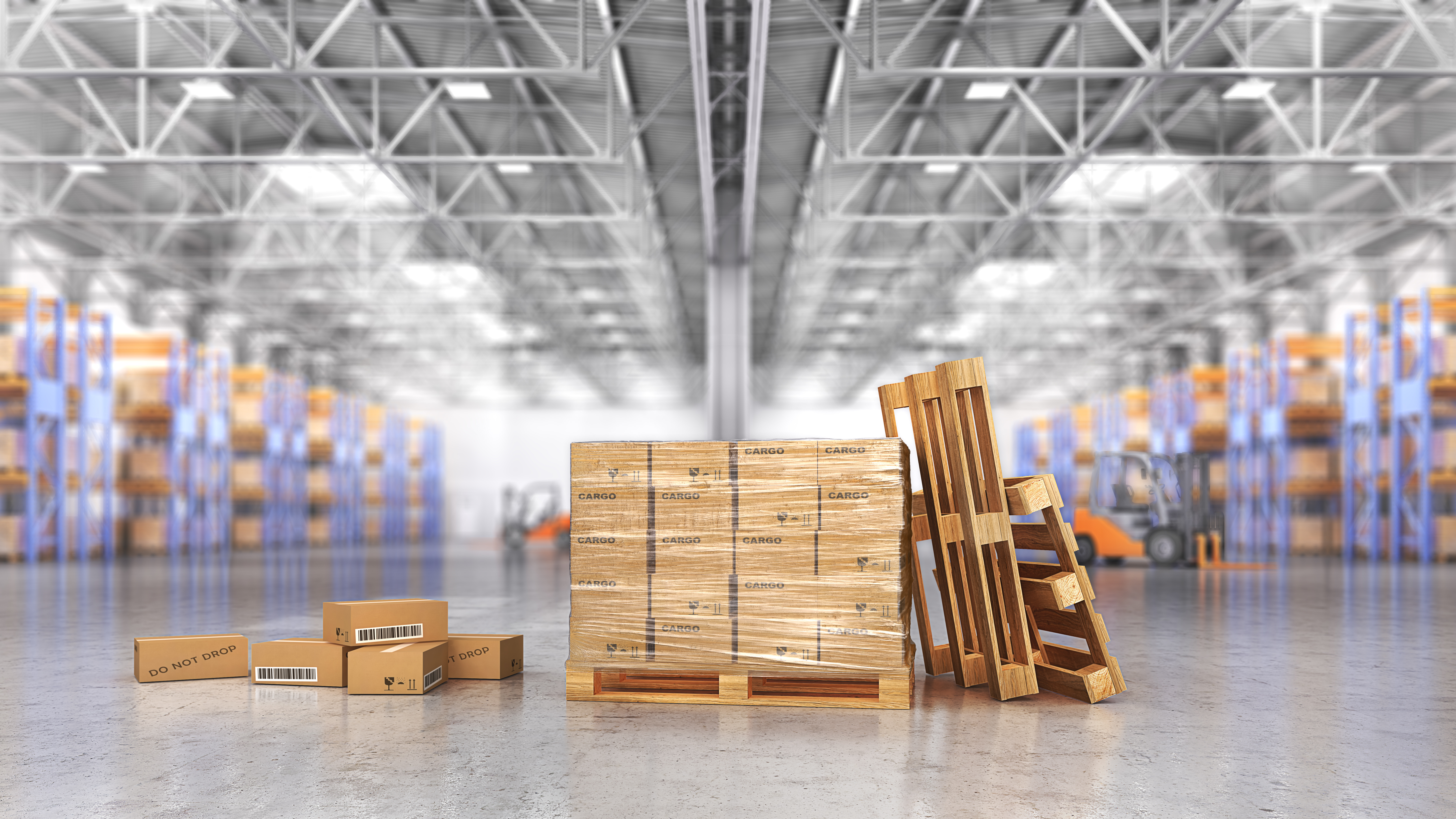Concept of warehouse. The cardboard boxes in the big warehouse on blurred background. 3d illustration